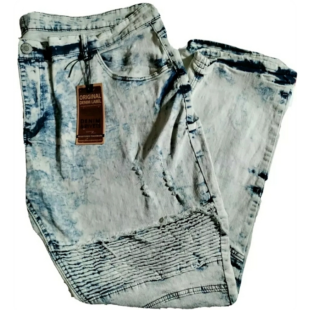 New Denim & Rivets Moto Jeans! Ribbed Biker, Acid Wash, Blue Denim. Men, Size 48